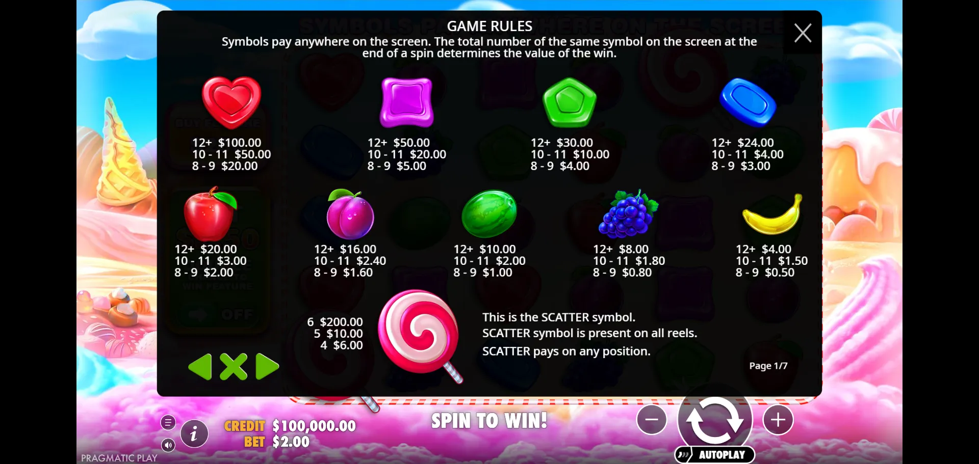 Sweet Bonanza in-game paytable listing every symbol with 8-9, 10-11 and 12+ payouts and the lollipop scatter