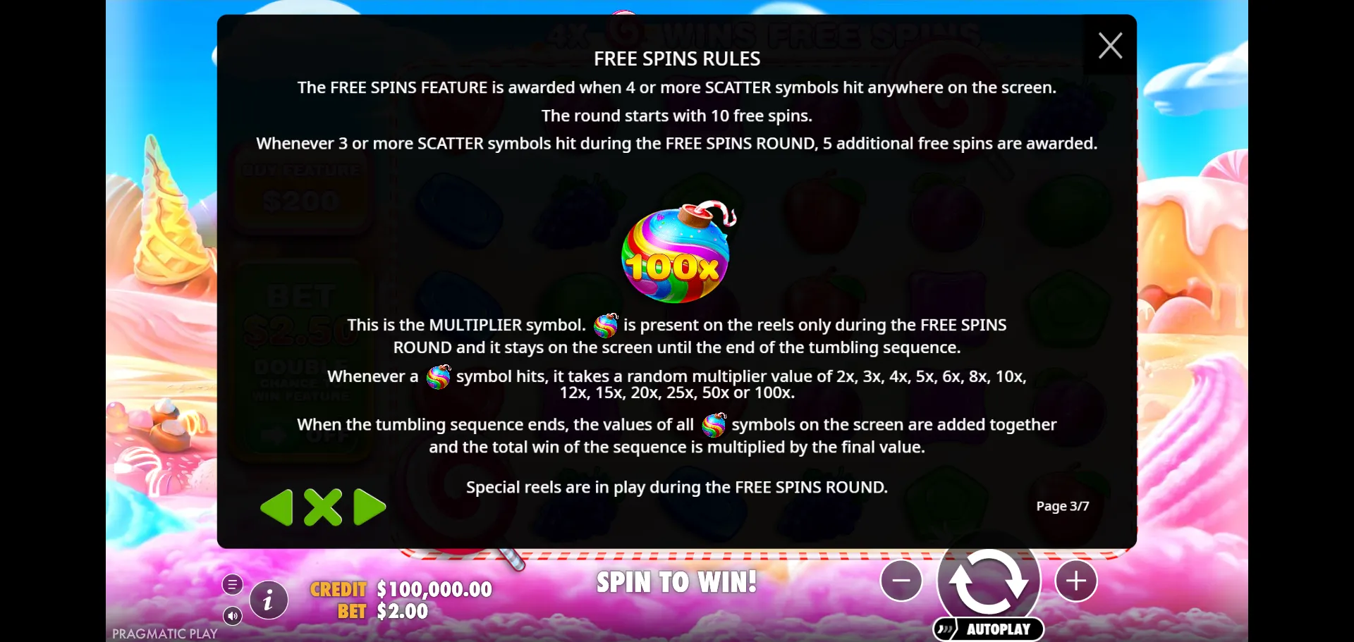 Page 3 of the in-game rules describing free spins and the multiplier symbol with a 100x bomb pictured