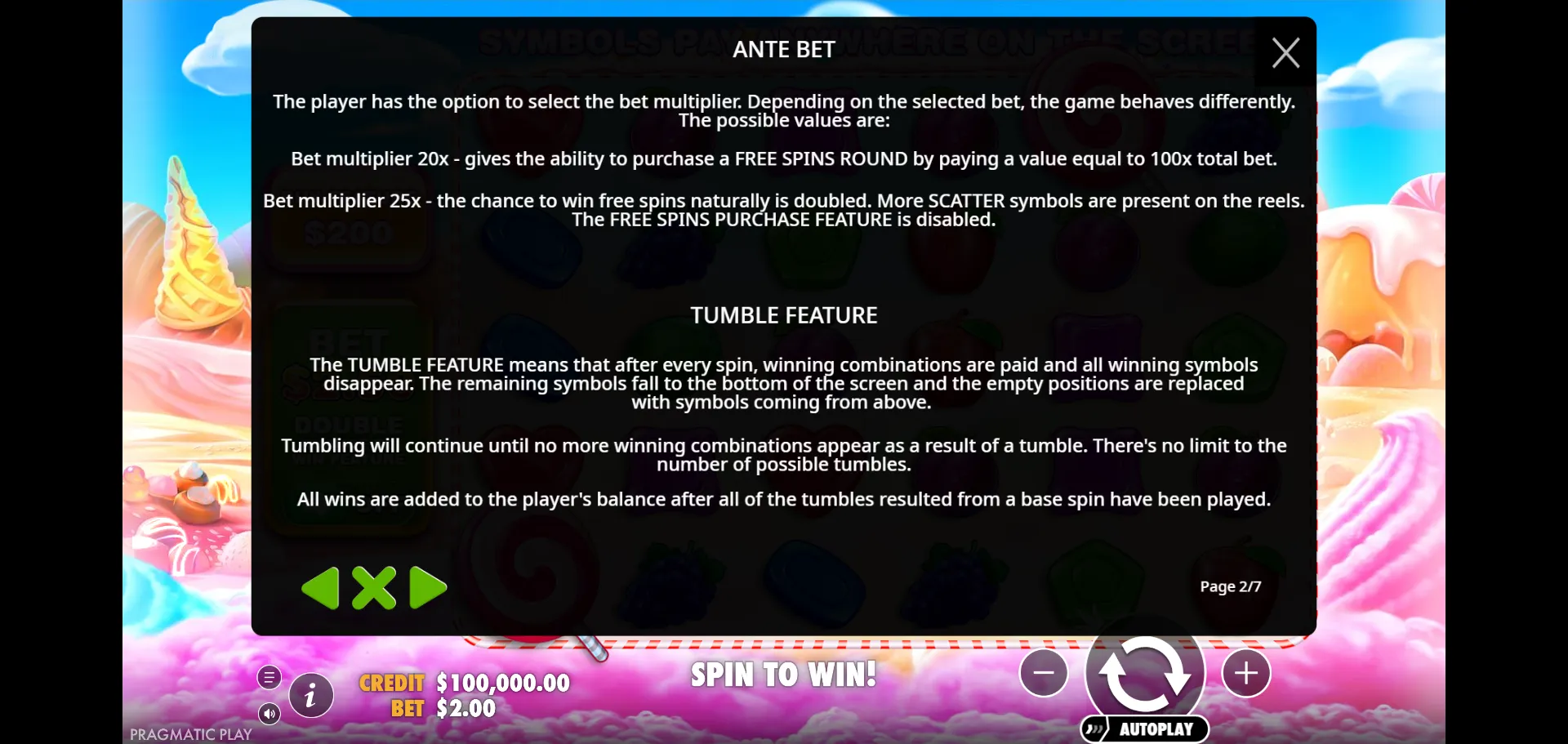 Page 2 of the in-game rules describing the Ante Bet multipliers and the Tumble feature