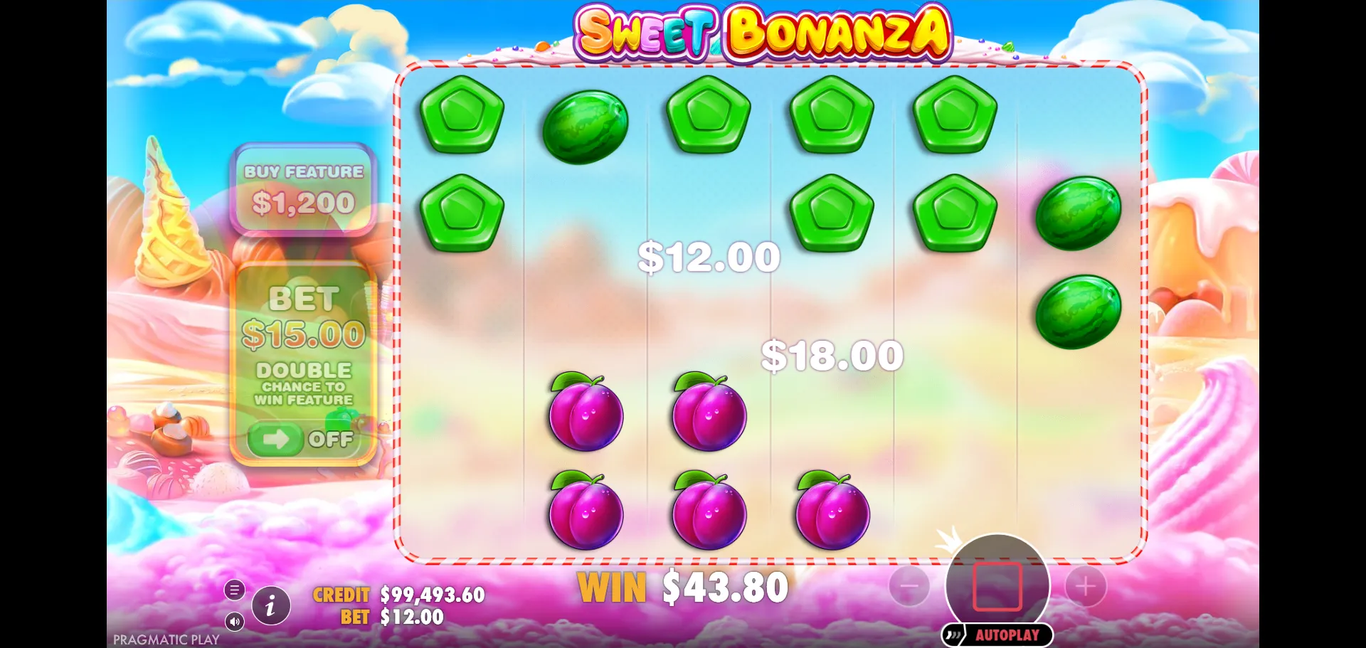 Sweet Bonanza base game showing two separate cluster wins of $12.00 and $18.00 combining into a total win of $43.80
